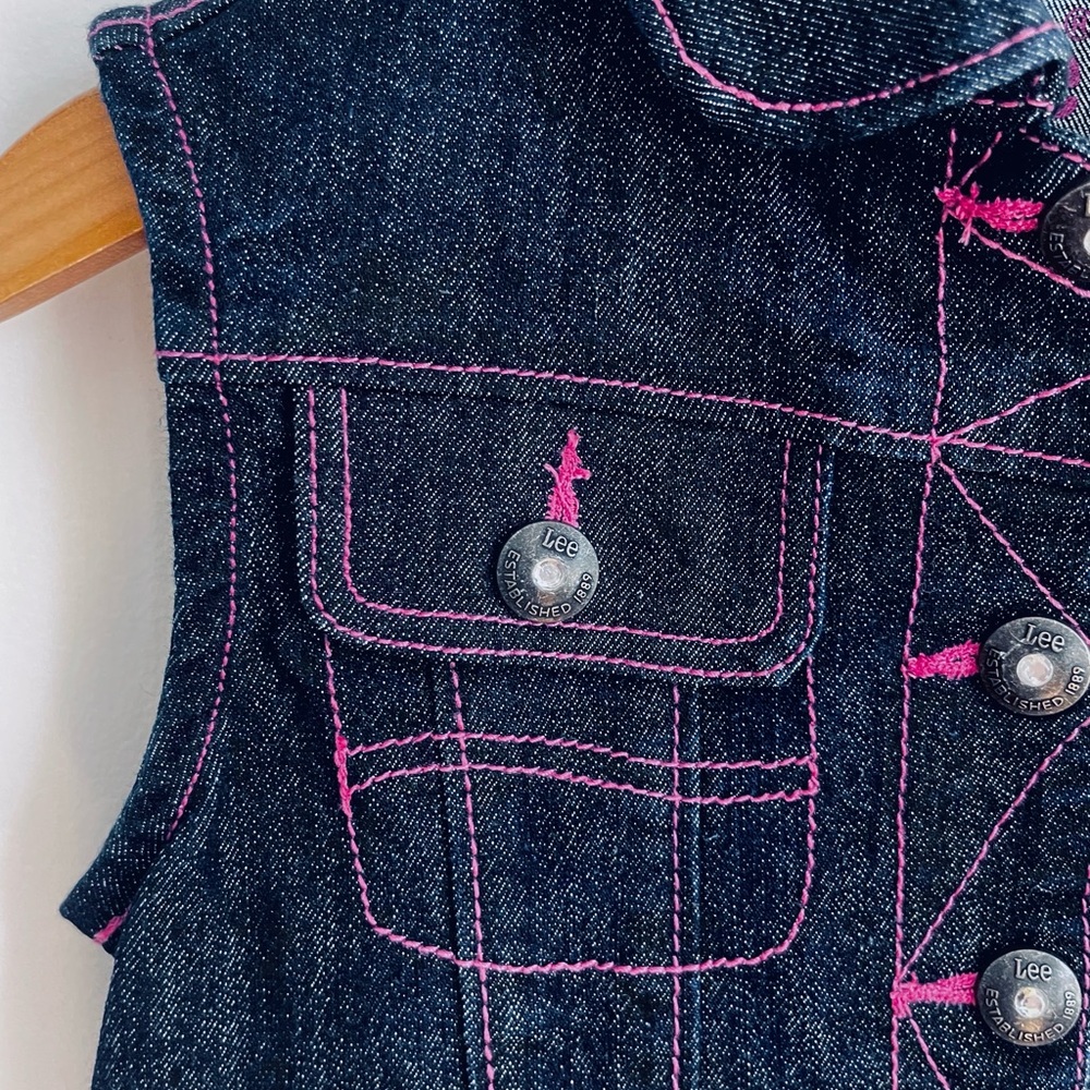 Vintage Y2K Lee Jeans Baby Girl Denim Vest, Rhinestone Buttons, Pink Stitching - Picture 3 of 12